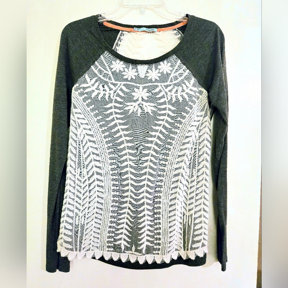 Maurices Charcoal Gray Long-Sleeve Top with White Embroidered Front